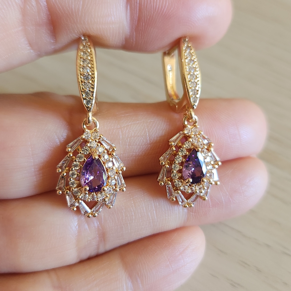 New 14K Gold Plated Pear Cut Amethyst Diamond Dangle Drop Hoop Flower Earrings